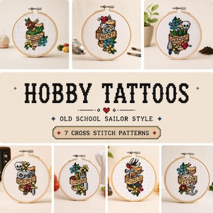 Peut inclure: Ensemble de sept motifs de point de croix dans des cerceaux en bois, avec le texte "Hobby Tattoos" dans un style marin à l'ancienne. Chaque motif comprend une bannière avec un mot lié à un passe-temps, comme "Paint" ou "Stitch", avec des motifs floraux et de crânes.