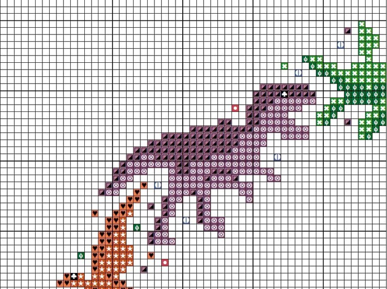 May include: Cross stitch pattern of three dinosaurs in a line. The dinosaurs are orange, purple, and green. The pattern is on a white grid.