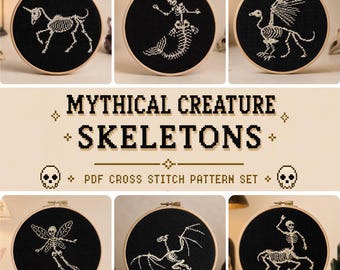Mythical Skeleton Cross Stitch Set PDF | Dragon Mermaid Griffin Bundle | Dark Fantasy