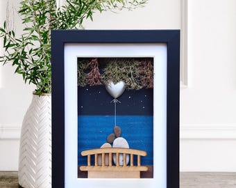 25th anniversary picture, Silver anniversary gift by night, Silver wedding anniversary by the sea Pebble art picture Couple 25th anniversary
