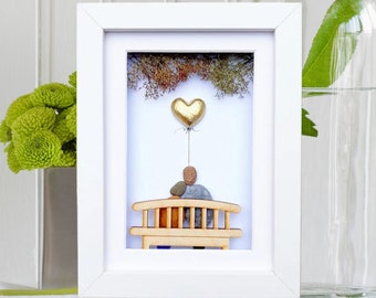 50th anniversary picture, Gold anniversary gift, Gold wedding anniversary, Pebble art picture, Couple 50th anniversary gift with gold heart