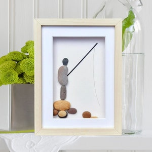Christmas pebble picture, Fishing pebble art, Rod fishing man gift, Fisherman picture, Seaside fishing, Riverside picture, Gift for dad
