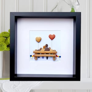 Family of four, Family pebble picture, Family on a bench, Gift for your family, My family gift, Parents with kids picture, Pebble art frame