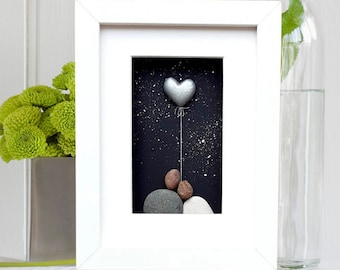Silver anniversary couple, 25th anniversary picture, Silver anniversary gift 25, Pebble art picture, 25th anniversary gift with silver heart