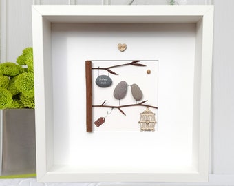 Cadeau pour la nouvelle maison, emménager dans une nouvelle maison, photo de nouvelle maison encadrée, home sweet home, cadeau de famille, galets de maison, cadre oiseaux, nouveau cadeau de famille