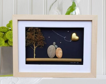 Gold wedding anniversary by night, 50th anniversary picture, Gold anniversary gift, Pebble art, Couple 50th anniversary gift with gold heart