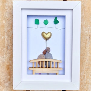 50th anniversary picture, Gold anniversary gift, Gold wedding anniversary, Pebble art picture, Couple 50th anniversary gift with gold heart