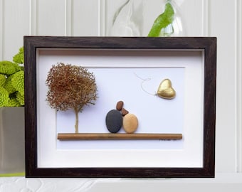 Gold wedding anniversary, 50th anniversary picture, Gold anniversary gift, Pebbleart picture, Couple 50th anniversary gift with golden heart