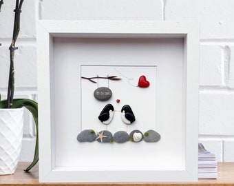 Penguins 40th ruby anniversary gift, Ruby anniversary picture, 40th wedding anniversary pebble picture, Penguin pebble art Penguins in love