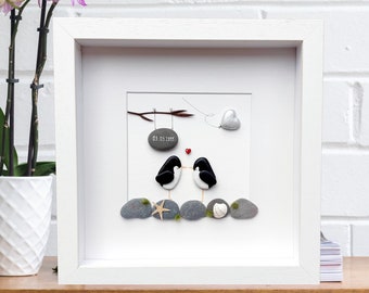 Penguins 25th Silver anniversary, Silver anniversary picture, 25th wedding anniversary pebble picture, Penguin pebble art, Penguins in love