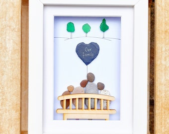Family of four, Family pebble picture, Family on a bench, Gift for your family, Our family gift, Parents with kids picture, Pebble art of 4