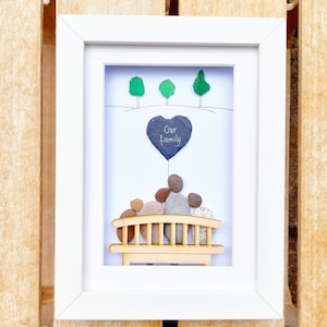 Family of four, Family pebble picture, Family on a bench, Gift for your family, Our family gift, Parents with kids picture, Pebble art of 4