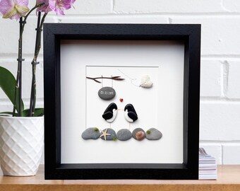 Penguins 13th lace anniversary gift, Lace anniversary picture, 13th wedding anniversary pebble picture, Penguin pebble art Penguins in love