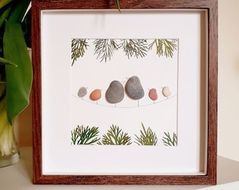 Family of six, Family picture, Family present, Family gift, Birds family pebble picture, Mother's Day gift, Birds picture, Framed pebble art