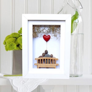 Family of 3, Family pebble picture, Family on a bench, Gift for your family, Our family gift, Parents with child picture, Pebbleart of three