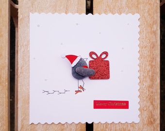 Christmas Card, Xmas Card, Secret Santa robin, Robin with Christmas parcel, Christmas gift, Merry Christmas, Pebble card, Funny robin card