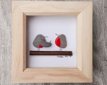Engagement Gift, Robins Engagement Pebble Picture, Proposal picture, Pebble art, Framed lovers present,  Valentine robins, Valentine's gift