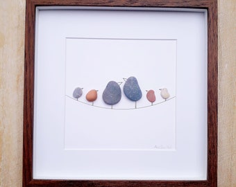 Birds family pebble picture, Family of six, Family picture, Mother's Day gift, Family present, Family gift, Birds picture, Framed pebble art