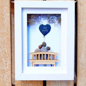Family of three, Family pebble picture, Family on a bench, Gift for your family, Our family gift, Parents with child picture, Pebbleart of 3