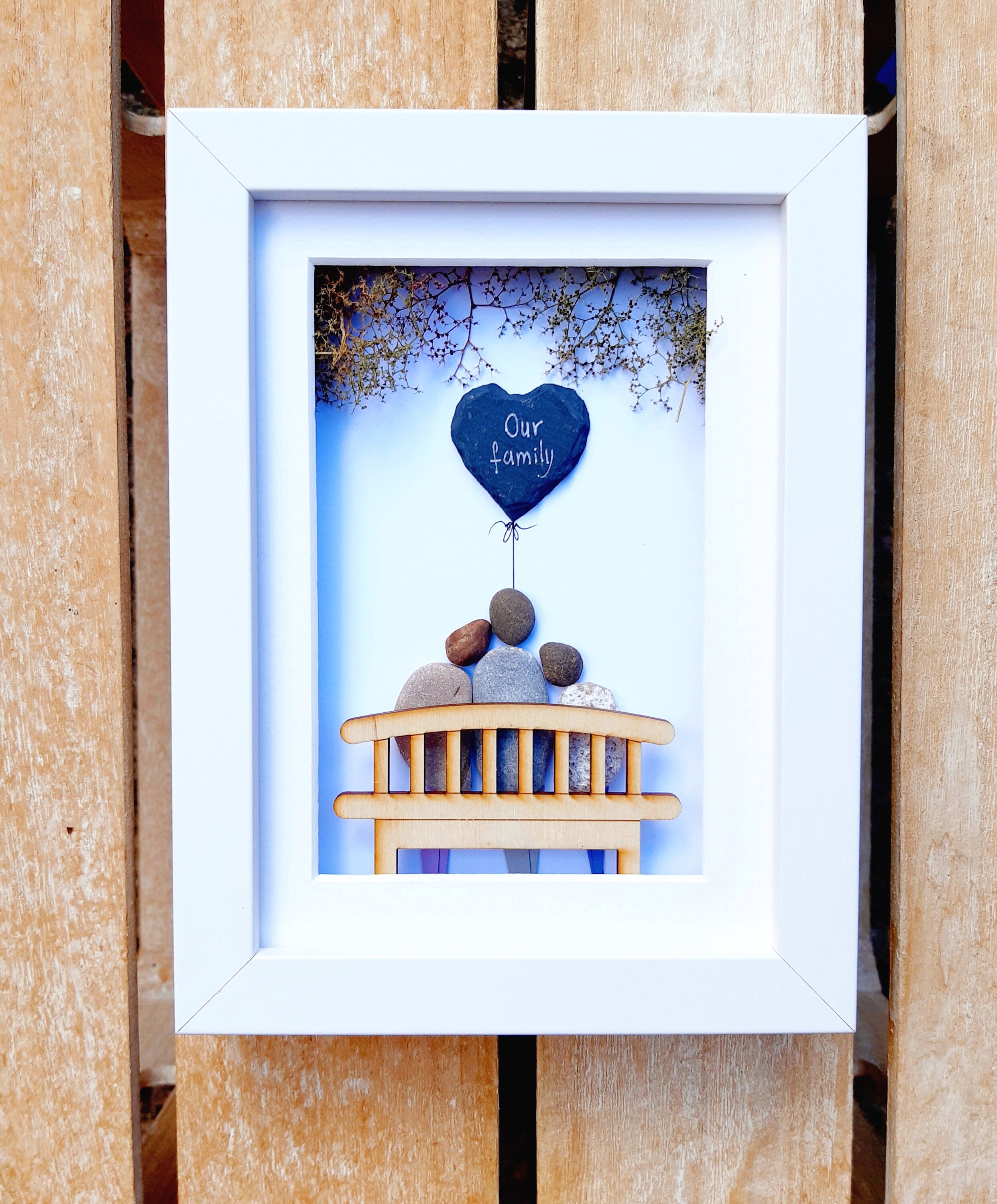 Family of three, Family pebble picture, Family on a bench, Gift for your family, Our family gift, Parents with child picture, Pebbleart of 3