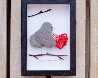 Engagement gift, Bird engagement pebble picture, Love, Proposal picture, Pebble art, Framed lovers present,  Valentine bird, Valentines gift