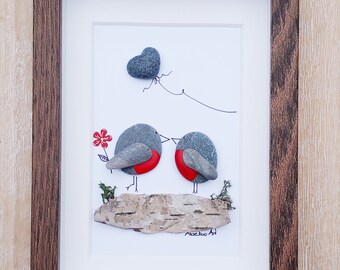 Robins pebble picture, Valentine's Day gift, Robins in love, Pebbleart gift, Framed lovers present,  Valentine decor, Valentine's decoration