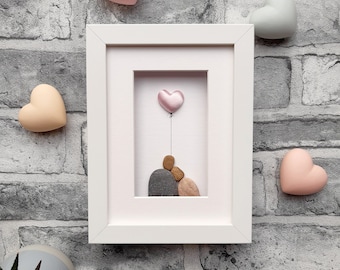 Silk wedding anniversary, 12th anniversary picture, Silk anniversary gift, Pebble art picture, Couple 12th anniversary gift with silk heart