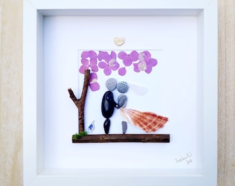 Wedding pebble picture, Wedding present, Bride and groom pebble art, Personalised wedding gift, Framed pebble, Mr and Mrs frame, Pebble Art