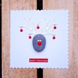 Cartolina di Natale, carta di renna, carta di Natale, regalo di Natale, Buon Natale, regalo di renna, renna di Natale, carta geeting di ciottoli fatta a mano