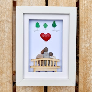 Family of 3, Family pebble picture, Family on a bench, Gift for your family, Our family gift, Parents with child picture, Pebbleart of three