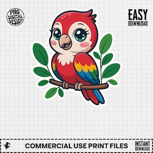 Arte digital de un lindo loro, descarga de archivos PNG, decoración de habitación infantil, arte infantil, ilustración de animales, estampado de aves tropicales, diseño de loro de dibujos animados