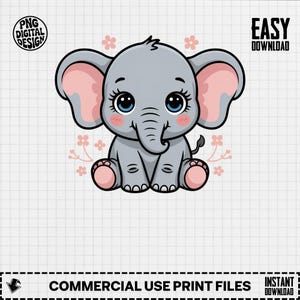 Cute Baby Elephant Digital Art, Adorable Animal Illustration PNG, Nursery Decor Printable, Cartoon Elephant Image, Digital Download