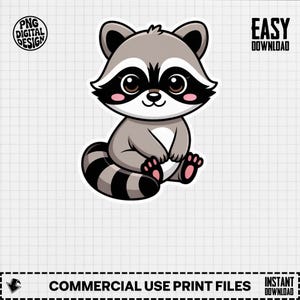Cute Raccoon Digital Art, PNG File, Cartoon Animal Image, Nursery Decor, Scrapbooking, Digital Download, Clipart, Kids Art