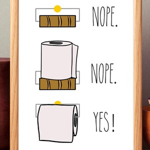 K&ouml;nnte beinhalten: Eine humorvolle Illustration mit drei verschiedenen M&ouml;glichkeiten, Toilettenpapier aufzuh&auml;ngen. Die ersten beiden sind mit "NOPE" beschriftet und die letzte mit "YES!"