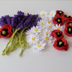 Appliques fleurs au crochet , lavande , marguerite , coquelicot , décoration pour vêtements ,marque-pages , embellissement