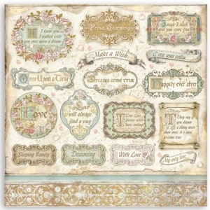 May include: A collection of vintage-style paper ephemera with romantic phrases and floral accents. The designs include phrases like "Once Upon a Time," "Make a Wish," and "Happily Ever After," in ornate frames and banners.