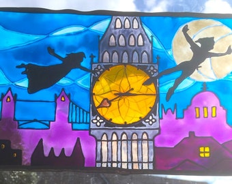 Peter Pan Disney, Stained Glass, Suncatcher Window Panel - London Big Ben Skyline Silhouette Gift