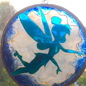 Tinkerbell Fairy Disney, Stained Glass Gift Suncatcher Teacher school, Peter Pan - Silver Sparkle Blue ice silhouette