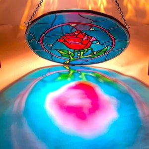 Rose Stained Glass Gift Disney Inspired Beauty & the Beast Enchanted Suncatcher Flower Love Life Rainbow Pride- Birthday-BLUE Window,Wedding