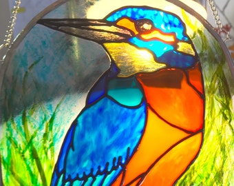 Kingfisher Bird Stained Glass Gift Birthday Window Suncatcher-Garden Nature Wildlife Art outdoor Decor Conservatory - Spring Birdwatching