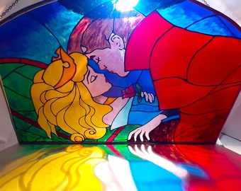 Disney Inspired Princess Sleeping Beauty Kiss Stained Glass Window Gift -  Disney land Paris Castle France Aurora l'amour Valentines - 1ft