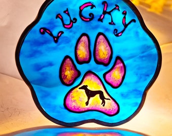 Stained Glass Dog Paw Print Rainbow Bridge Pet Name Gift Valentines - Hand painted Personalised, Animal Lovers, Memorial Custom Suncatcher
