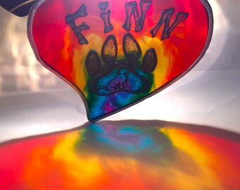 Stained Glass Dog Paw Print Rainbow Bridge Pet Heart Gift - Hand painted Personalised Name Suncatcher, Animal Lovers, Memorial