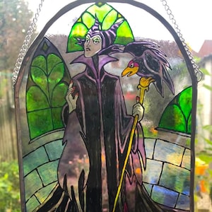 Maleficent Stained Glass Disney Gift - Princess Sleeping Beauty suncatcher Ornament Villain Horror, Disneyland Paris Castle Window Pixar