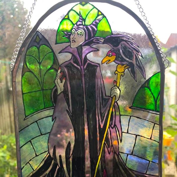 Maleficent Stained Glass Disney Gift - Princess Sleeping Beauty suncatcher Ornament Villain, Disneyland Paris Castle Window Pixar