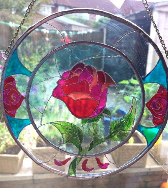 Personalised Disney Gold Beauty and the Beast Enchanted Rose Stained Glass Suncatcher Window Panel