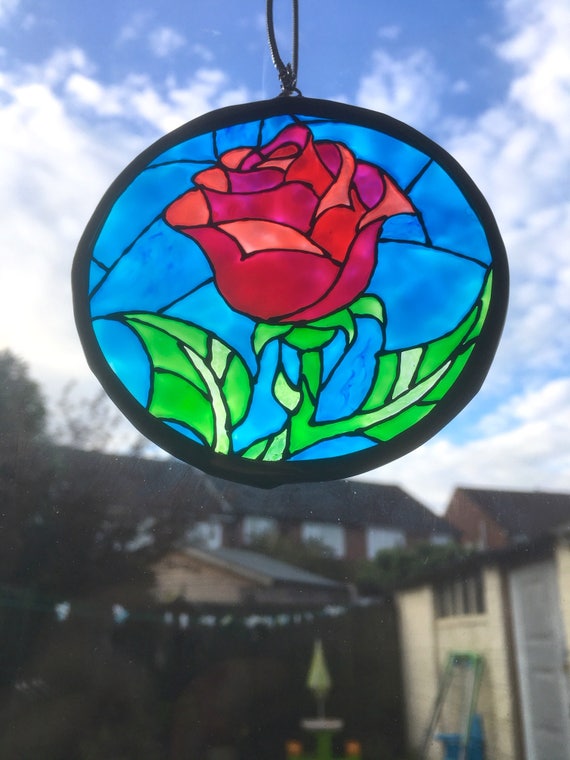 Personalised Disney Gold Beauty and the Beast Enchanted Rose Stained Glass Suncatcher Window Panel