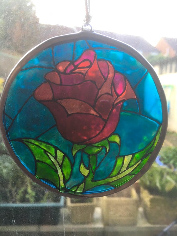 Personalised Disney Gold Beauty and the Beast Enchanted Rose Stained Glass Suncatcher Window Panel