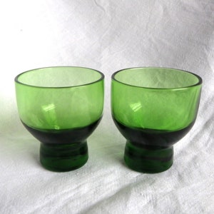 Pair of Small Vintage Green Glass Glasses with Heavy Bottoms