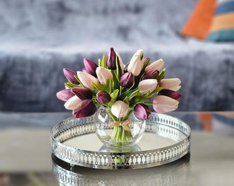 Real Touch Tulip Arrangement: Pink & Purple Silk Flowers in Glass Vase